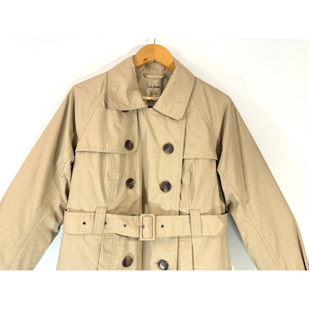 L.L.Bean Double Breasted Trench Coat Belted Tan Beige Womens Medium Petite Lined - Picture 3 of 9